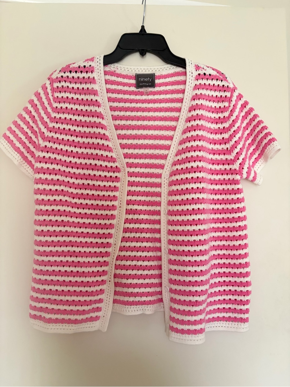 Ninety Clothing Co Women’s Short-Sleeved Crochet Sweater Pink and White Stripes
